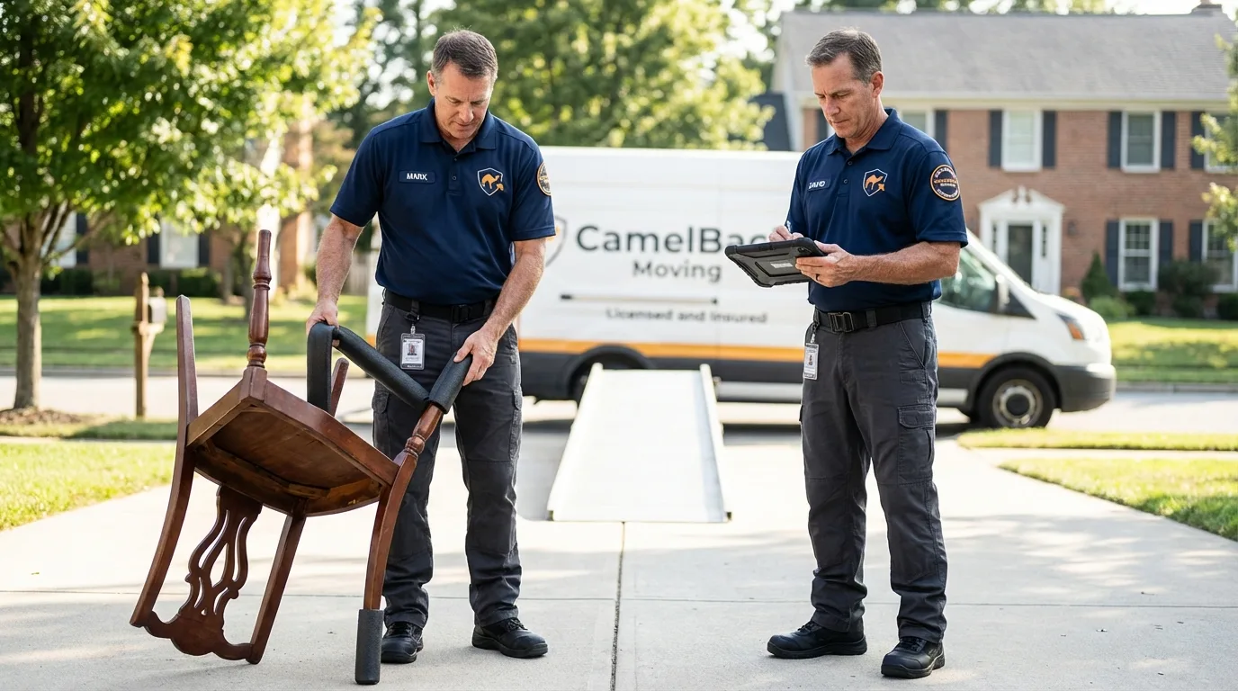 Movers inspecting furniture for damage prevention before loading in Centerville, UT